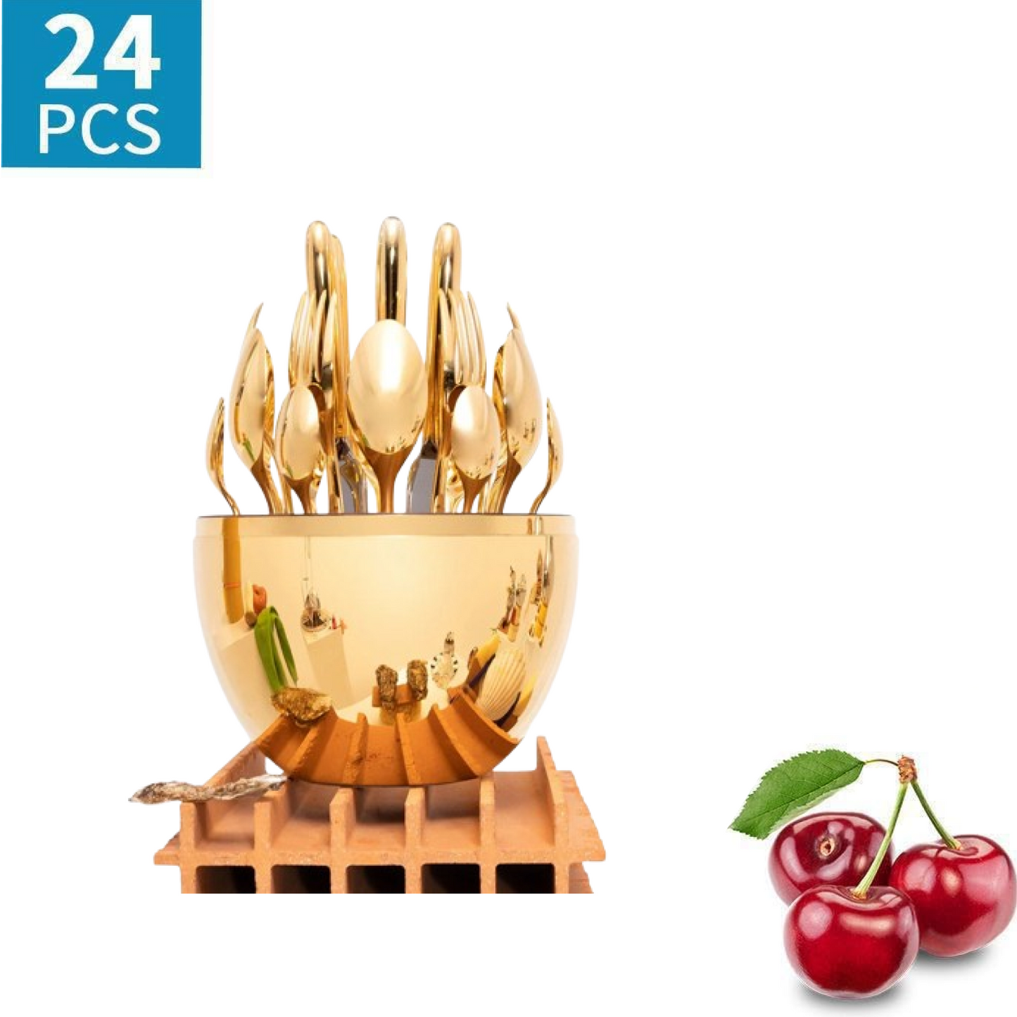 Premium Cutlery Set 24 Pcs with Oval Shaped Stand | Beautiful Stylish Oval Designed Cutlery Sets, Egg-Shaped Luxury Spoon Holder Set (Golden / 24 pcs set)