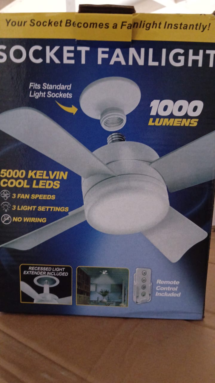 Original Cool LED Socket Fan Light – Ceiling Fan Replacement, 1000 Lumens/5000K, Remote Controlled (Remote Battery Not Included)