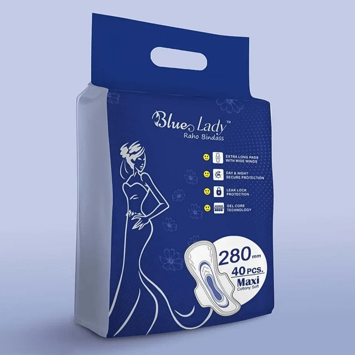 Beautiful Basics Blue Lady Extra Long Pads With Wides Wings Sanitary Pads – 280 mm, 40-Pack