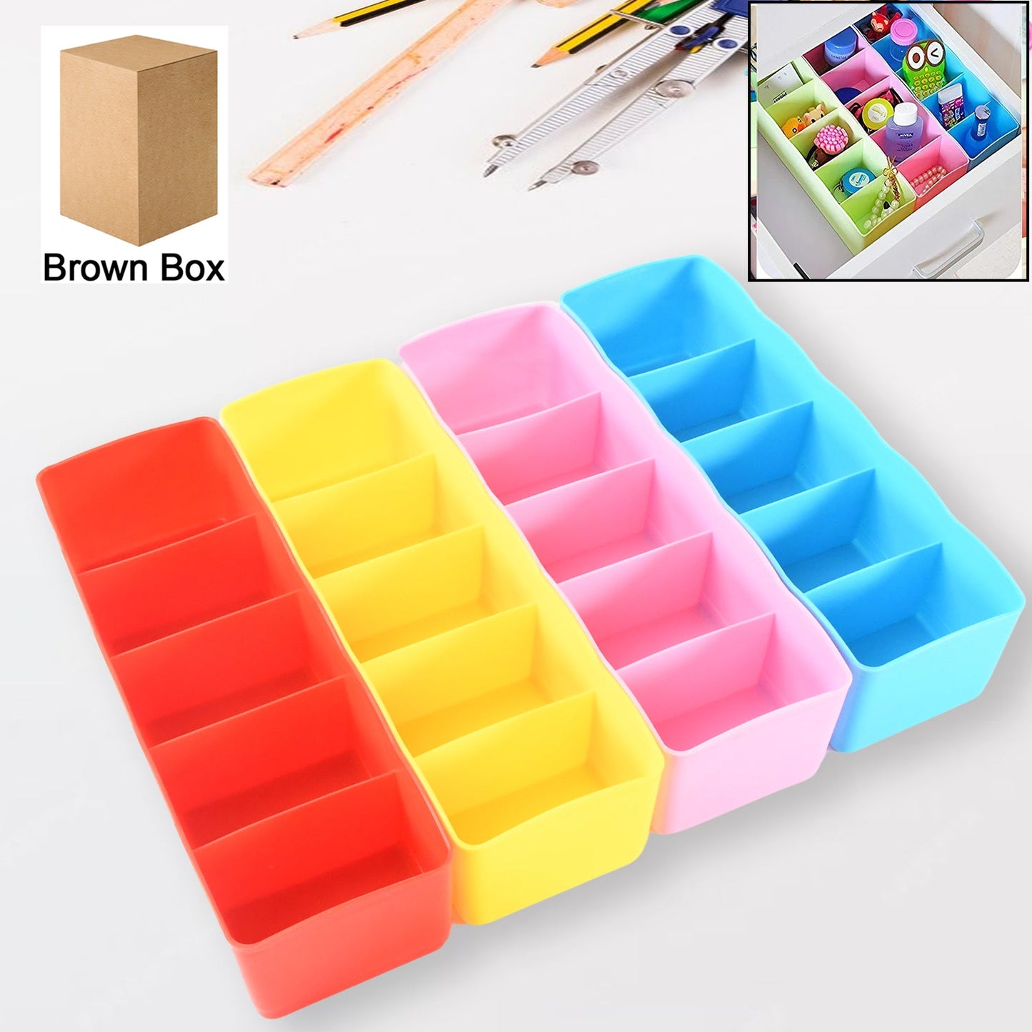 Desktop Storage Organizer Box Set - 5 Grid Compartments for Clothing, Underwear, Socks & Ties (4-Piece)