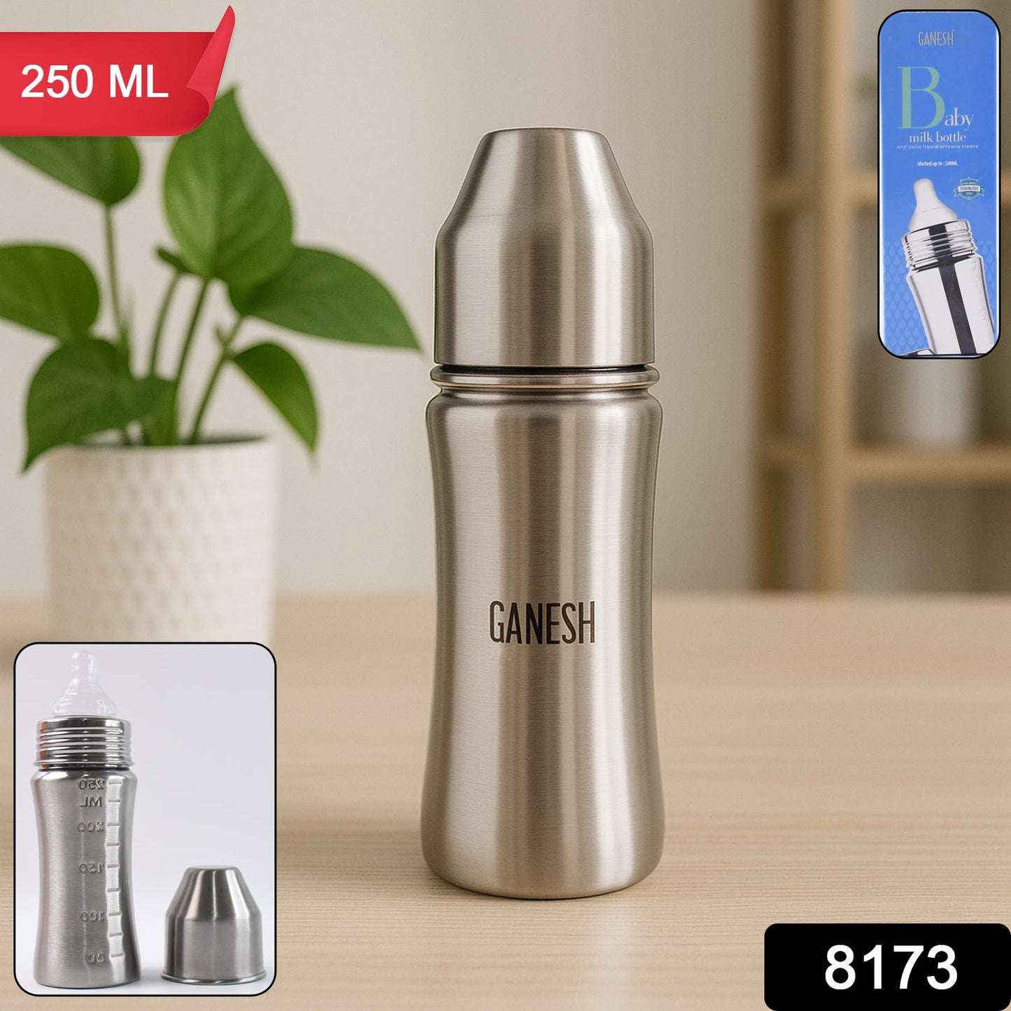Ganesh Stainless Steel Baby Feeding Bottle, Milk Bottle for New Born / Infants / Toddler Up to 3 Years, BFA Free (250 ML Approx)