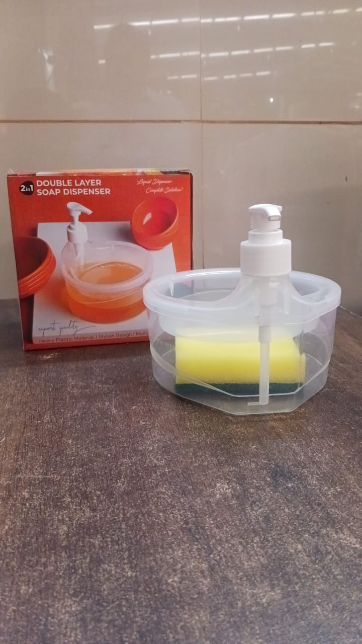 2-in-1 Double Layer Liquid Soap Dispenser with Pump & Sponge – Practical Kitchen & Hotel Sink Soap Pump Bottle (Rectangle)
