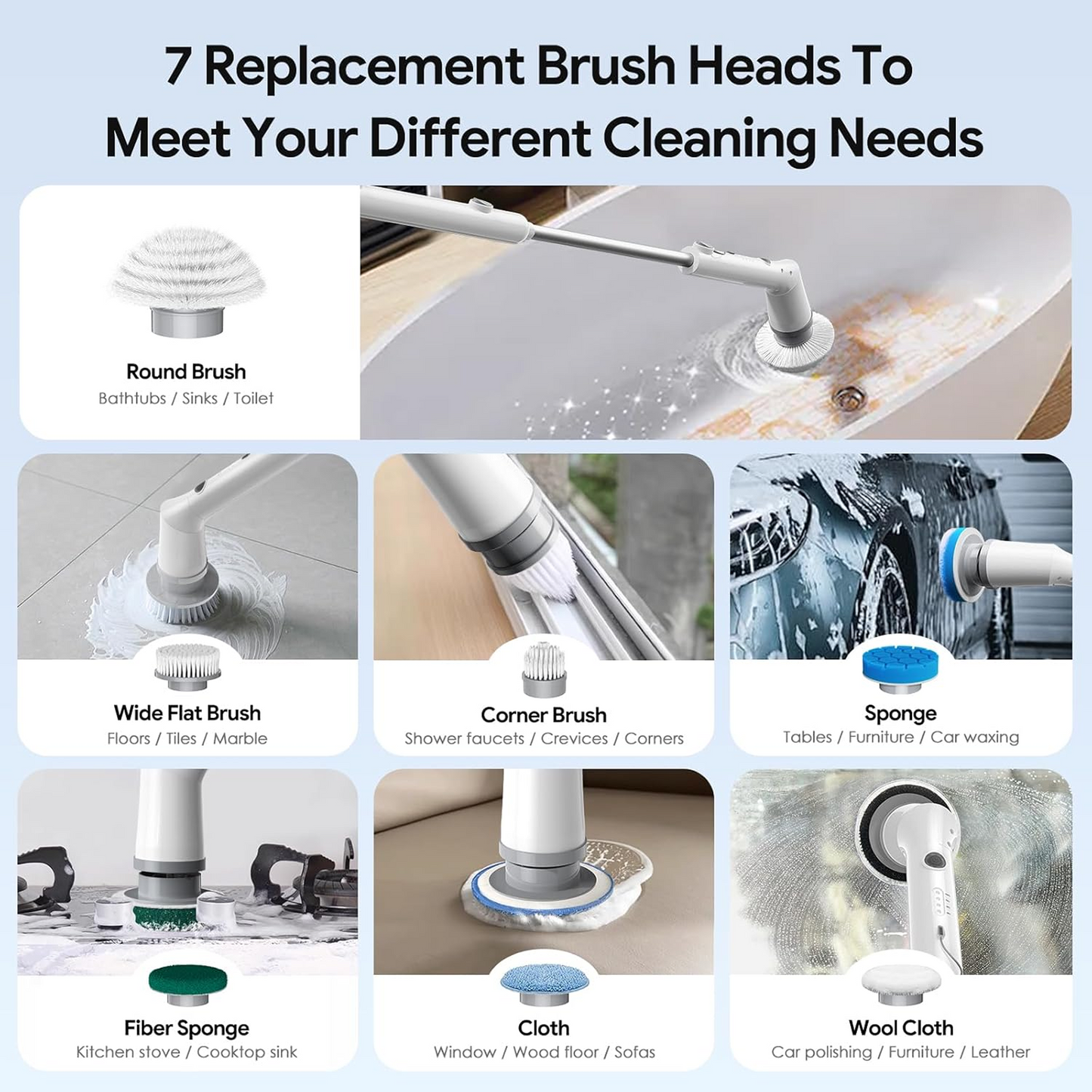 7-in-1 Electric Spin Scrubber Cleaning Brush with Extension Handle (1 Set)