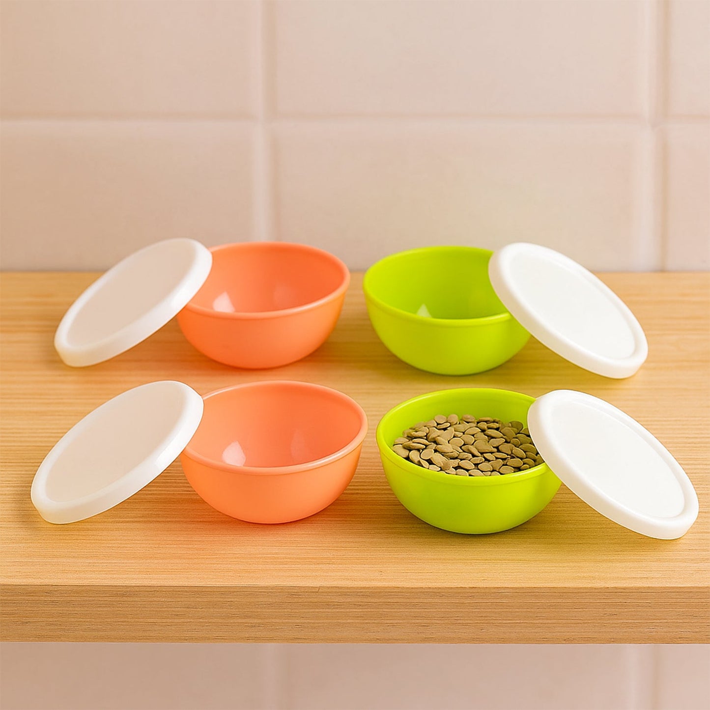 Multipurpose Small Round Plastic Bowl / Katori With Lid, Microwave Safe Reusable Lightweight Bowl, Dishwasher Safe Chutney Bowl (4 Pcs Set)