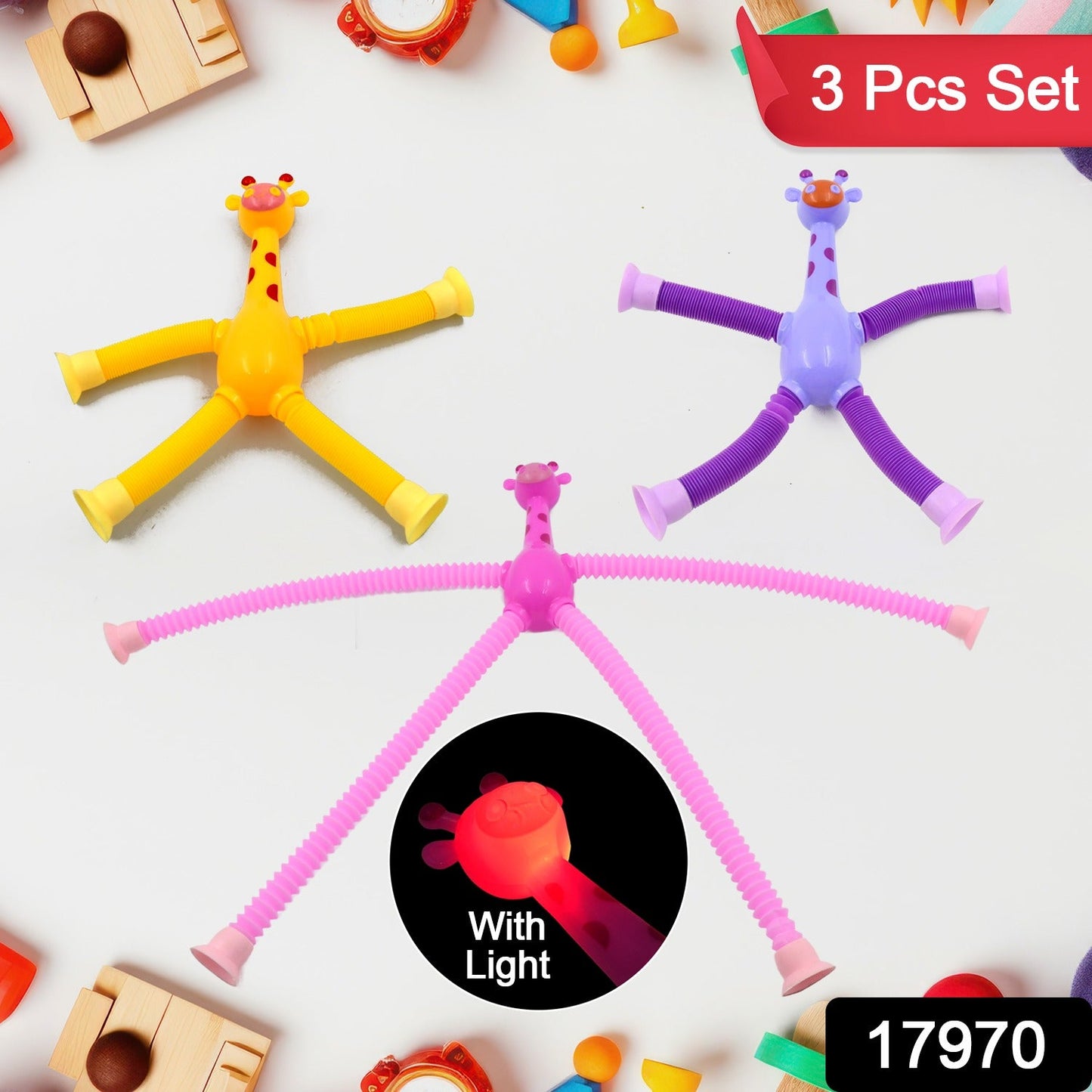 LED Telescopic Suction Cup Giraffe Toy,  Tubes Fidget Toys, Shape Changing Telescopic Sensory Tubes Fidget Tubes Sensory Toys Suction Toy, Funny Gift (3 Pcs Set)