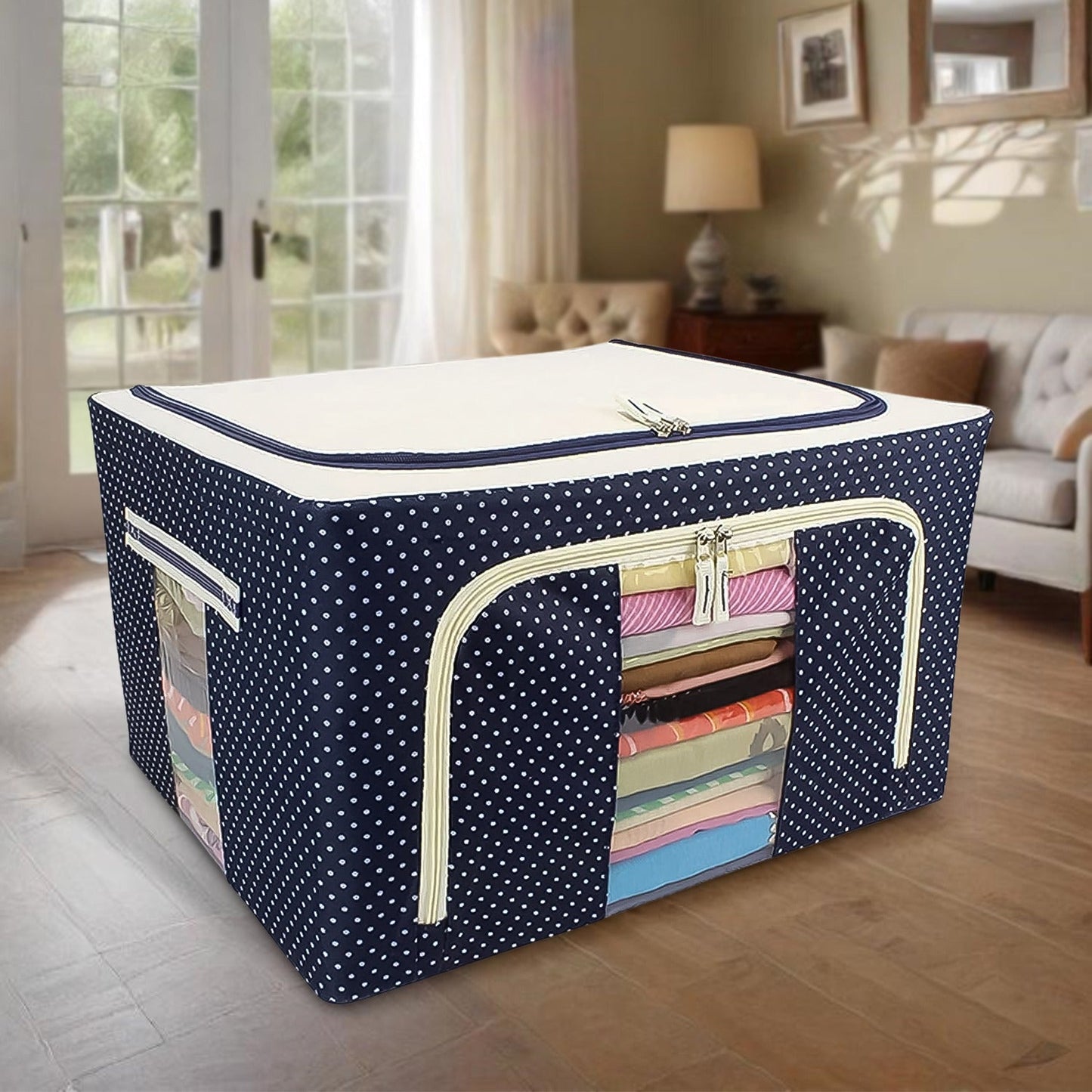 Foldable Steel Frame Clothes Living Storage Organizer Handled Bag 60cm X 43cm X 32cm (Mix Color)