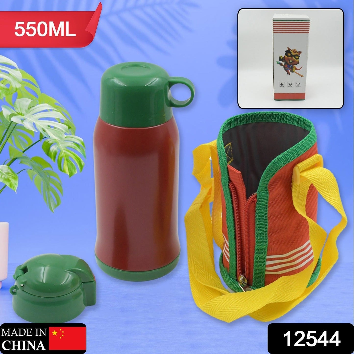 Premium Stainless Steel Insulated Sipper Bottle Print Water FlaskCartoon Vacuum Hot Cold For Kids / Travelling Water Bottle for Kids with  up Straw,  Double Wall Thermos with Straw & Bottle Zippe Cover For office/Gym/School (550 ML)