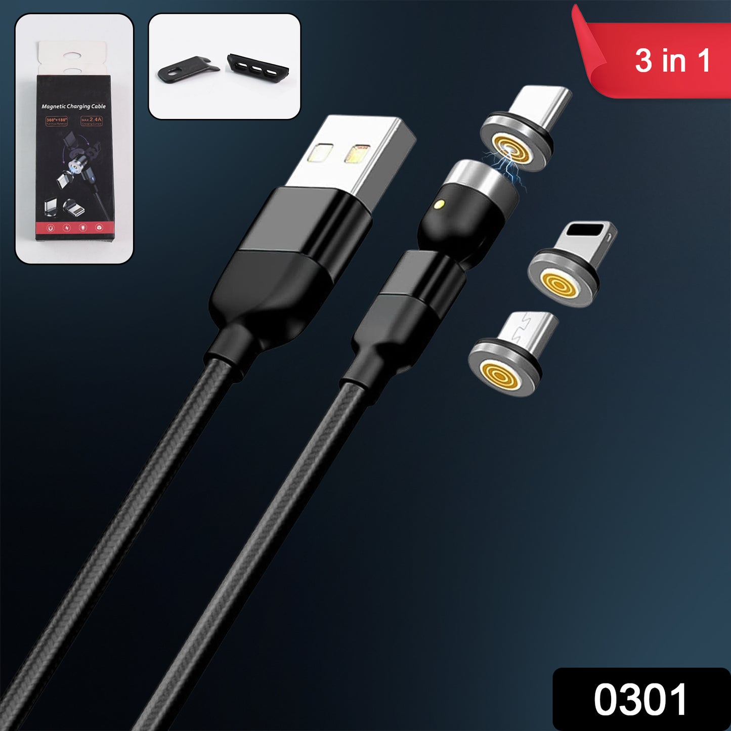 0301 3 In 1 Magnetic Usb Charging Cable  Usb-c Android And Lightning With Extra Protecting Nylon Strong Magnetic Cable With Full Rotation Support Fast Charging